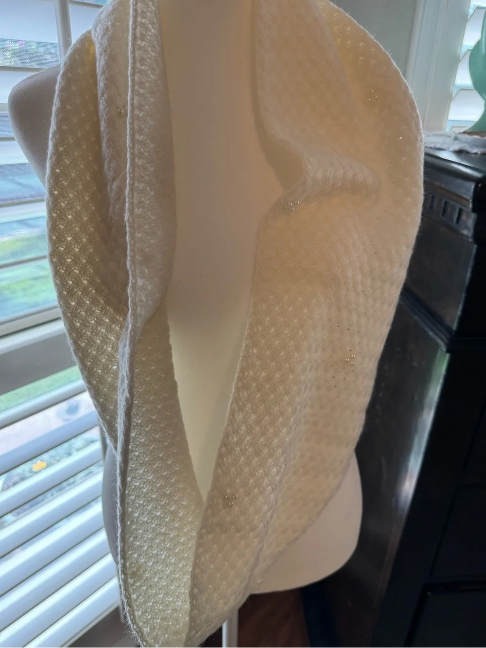 Cream Textured Knit Scarf with Subtle Bead Accents